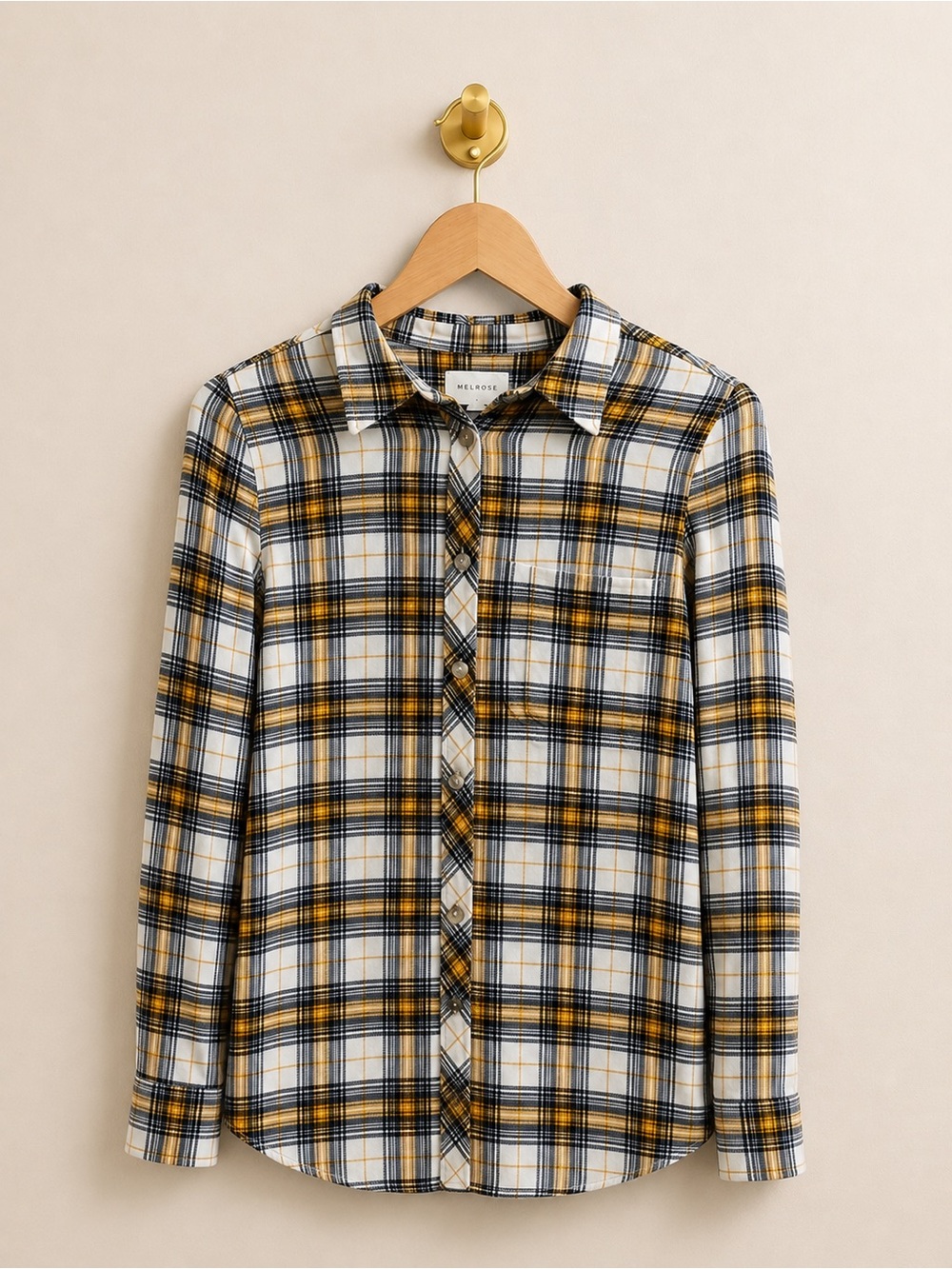 Melloday Plaid Flannel Button-Up Shirt Size Small Mustard Black White